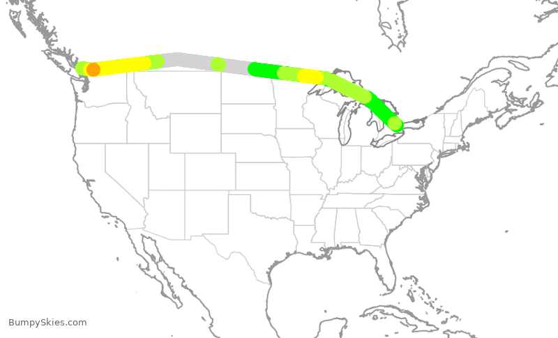 Turbulence forecast map for ACA124, YVR to YYZ