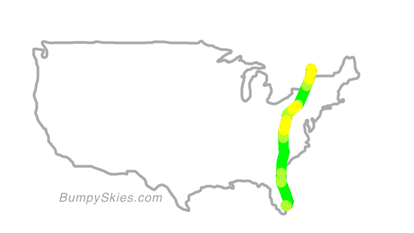 Map of continental US with illustrated flight path and turbulence forecast (described in text below)