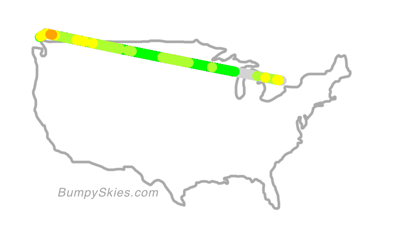 Map of continental US with illustrated flight path and turbulence forecast (described in text below)