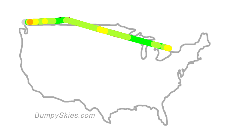 Map of continental US with illustrated flight path and turbulence forecast (described in text below)