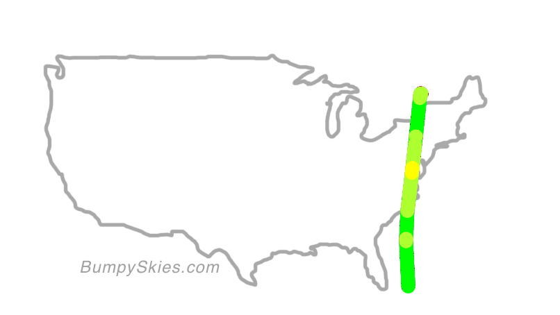 Map of continental US with illustrated flight path and turbulence forecast (described in text below)