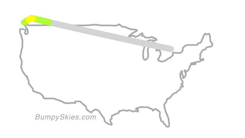 Map of continental US with illustrated flight path and turbulence forecast (described in text below)