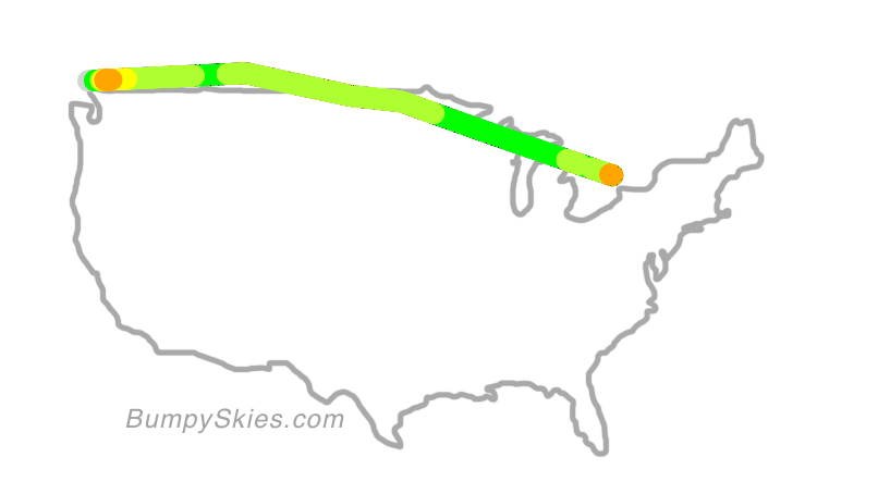 Map of continental US with illustrated flight path and turbulence forecast (described in text below)