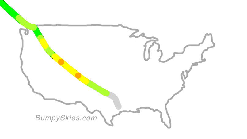 Map of continental US with illustrated flight path and turbulence forecast (described in text below)