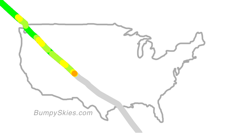 Map of continental US with illustrated flight path and turbulence forecast (described in text below)