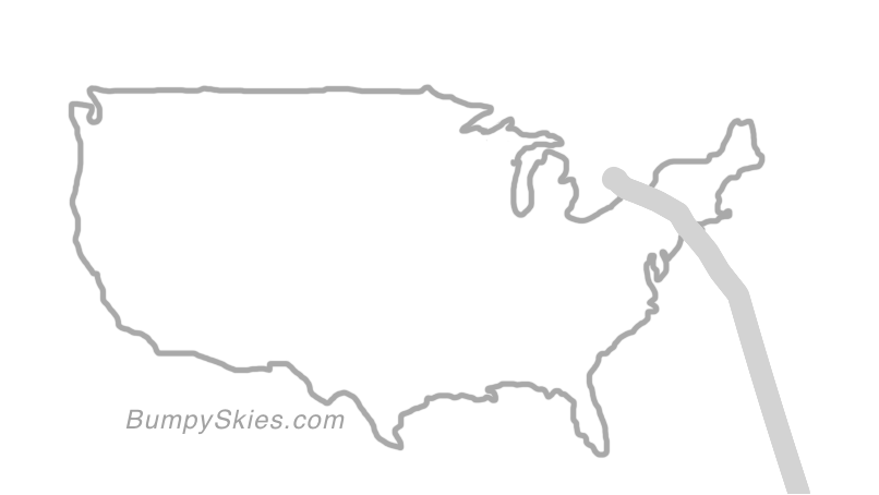Map of continental US with illustrated flight path and turbulence forecast (described in text below)