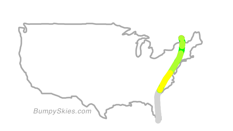 Map of continental US with illustrated flight path and turbulence forecast (described in text below)