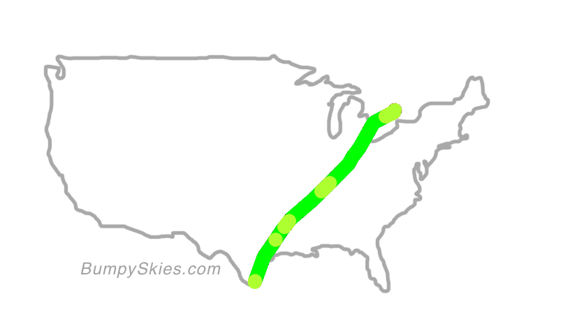 Map of continental US with illustrated flight path and turbulence forecast (described in text below)