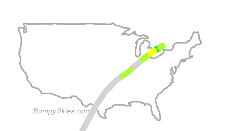 Map of continental US with illustrated flight path and turbulence forecast (described in text below)
