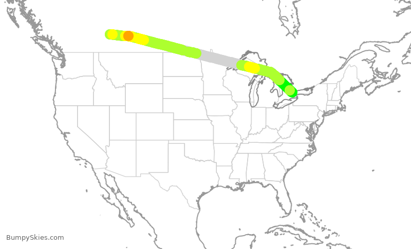 Turbulence forecast map for ACA134, YYC to YYZ