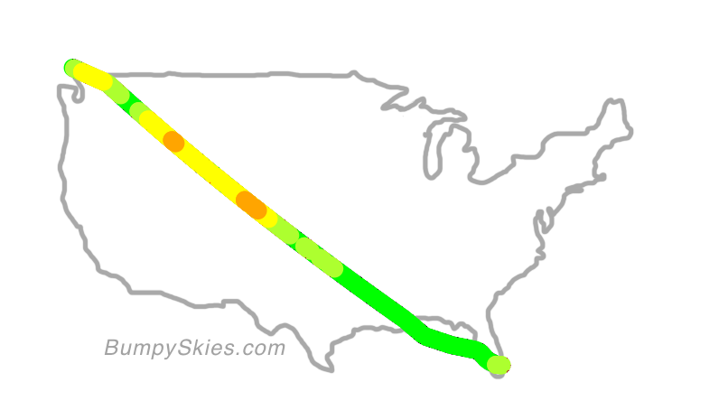 Map of continental US with illustrated flight path and turbulence forecast (described in text below)