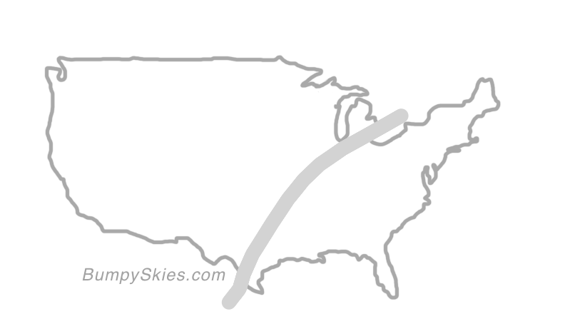 Map of continental US with illustrated flight path and turbulence forecast (described in text below)