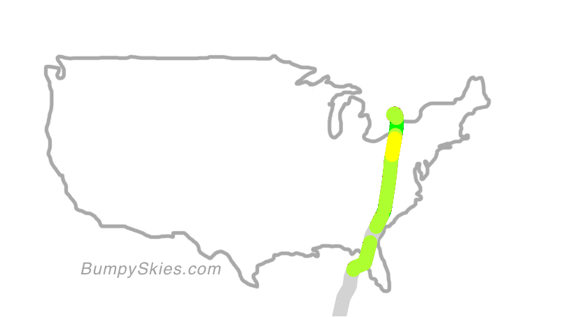 Map of continental US with illustrated flight path and turbulence forecast (described in text below)