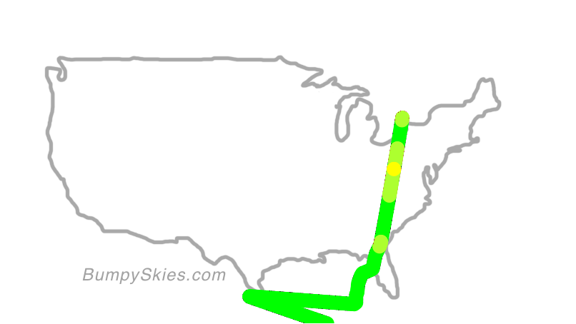 Map of continental US with illustrated flight path and turbulence forecast (described in text below)