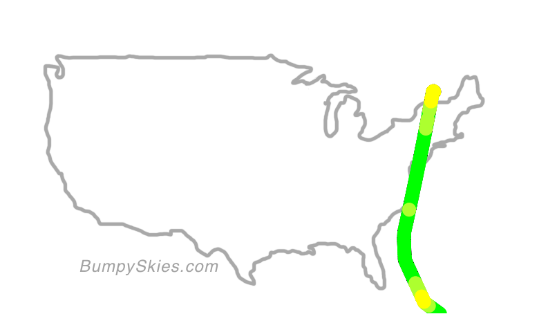 Map of continental US with illustrated flight path and turbulence forecast (described in text below)