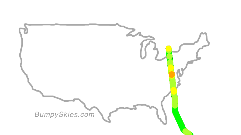 Map of continental US with illustrated flight path and turbulence forecast (described in text below)