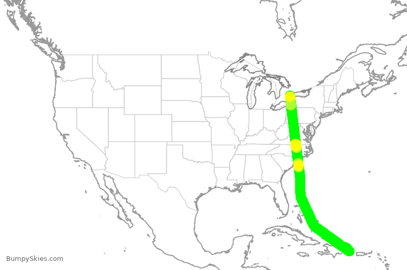 Turbulence forecast map for ACA1410, YYZ to PUJ
