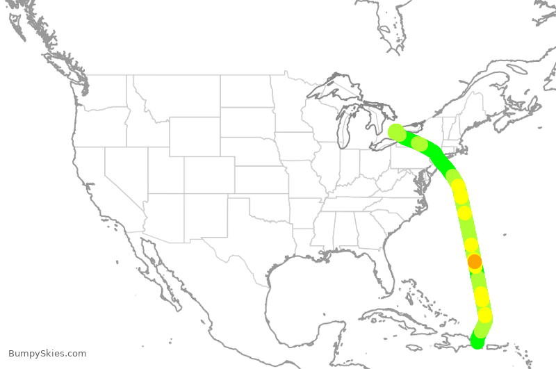 Turbulence forecast map for ACA1411, PUJ to YYZ