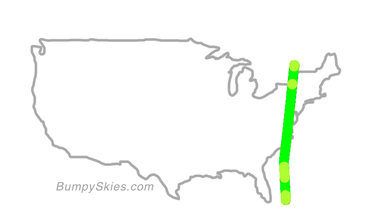 Map of continental US with illustrated flight path and turbulence forecast (described in text below)