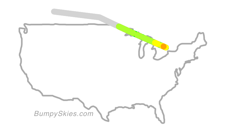 Map of continental US with illustrated flight path and turbulence forecast (described in text below)