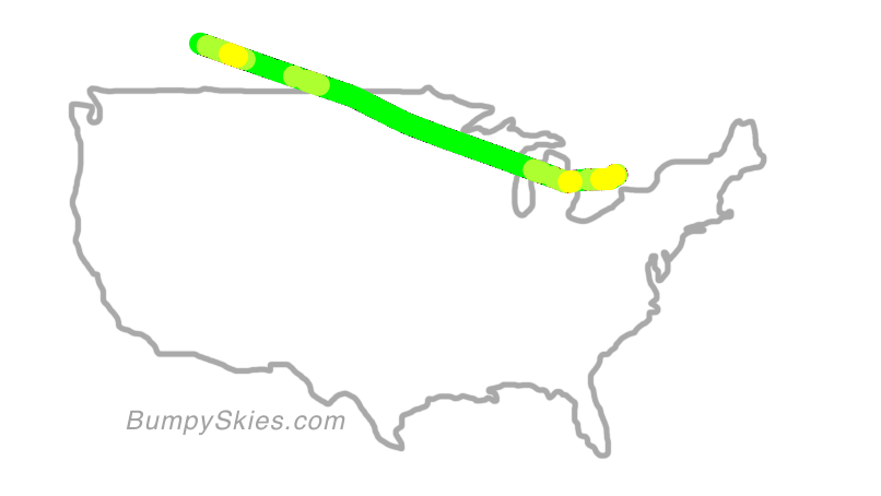 Map of continental US with illustrated flight path and turbulence forecast (described in text below)