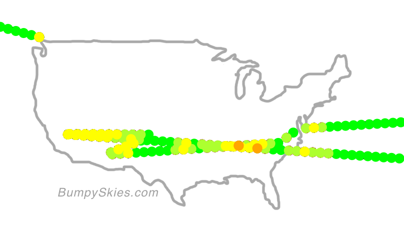 Map of continental US with illustrated flight path and turbulence forecast (described in text below)