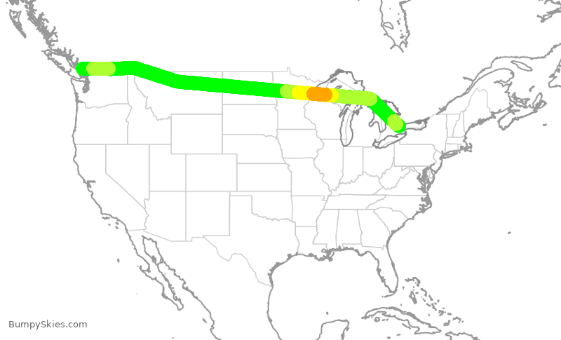 Turbulence forecast map for ACA170, YVR to YYZ