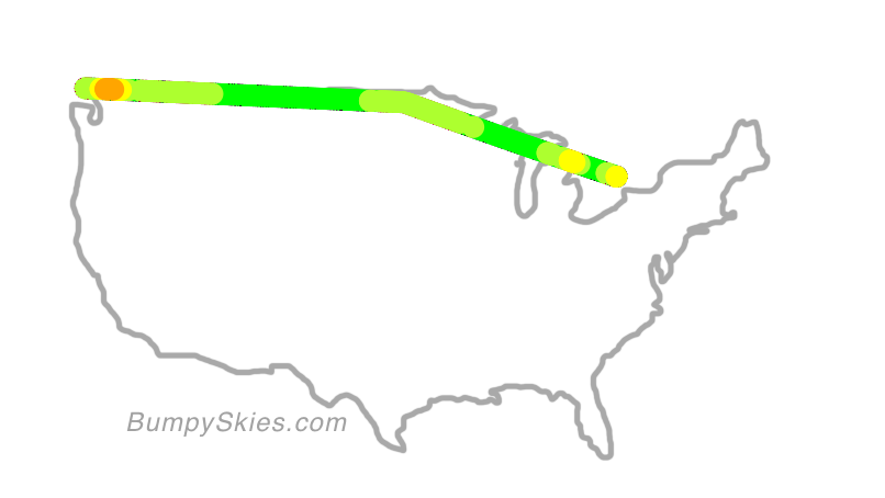 Map of continental US with illustrated flight path and turbulence forecast (described in text below)