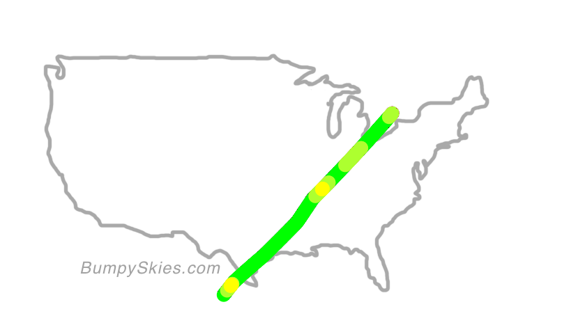 Map of continental US with illustrated flight path and turbulence forecast (described in text below)