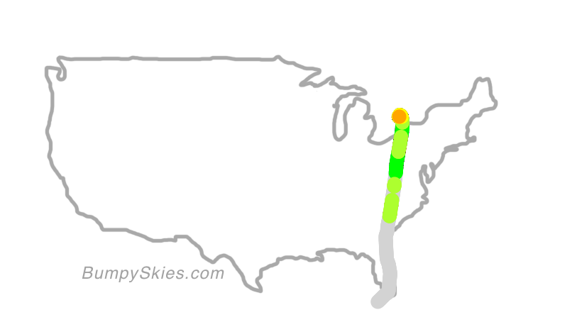 Map of continental US with illustrated flight path and turbulence forecast (described in text below)