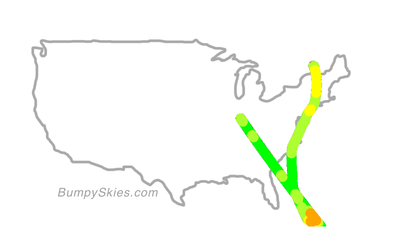 Map of continental US with illustrated flight path and turbulence forecast (described in text below)