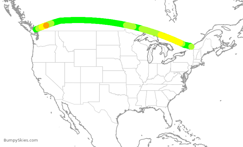 Turbulence forecast map for ACA2303, YUL to YVR