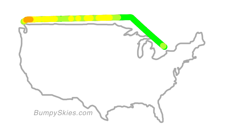 Map of continental US with illustrated flight path and turbulence forecast (described in text below)