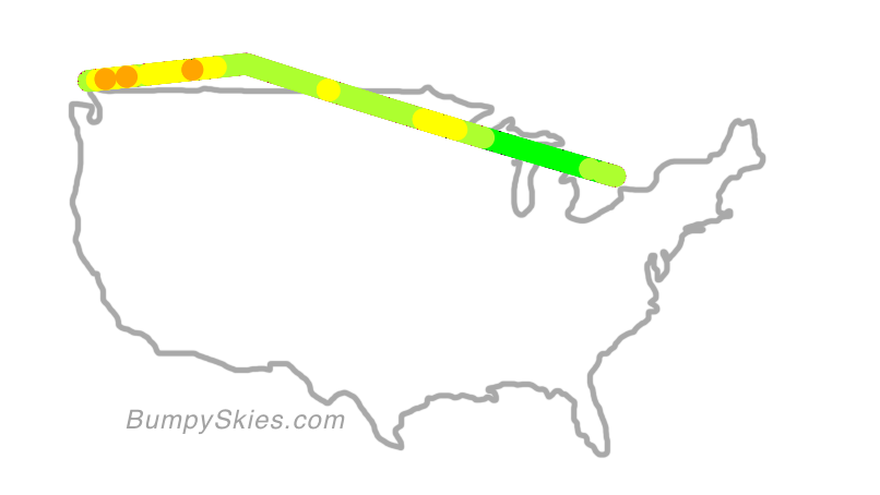 Map of continental US with illustrated flight path and turbulence forecast (described in text below)