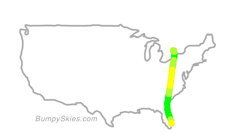 Map of continental US with illustrated flight path and turbulence forecast (described in text below)