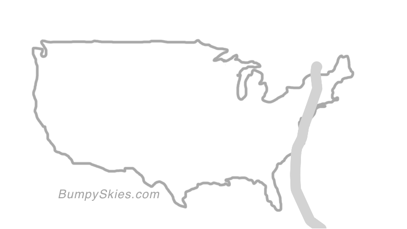 Map of continental US with illustrated flight path and turbulence forecast (described in text below)