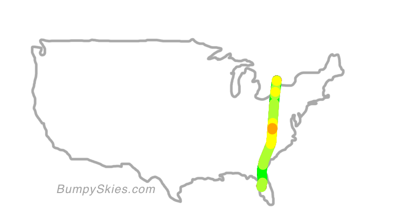Map of continental US with illustrated flight path and turbulence forecast (described in text below)