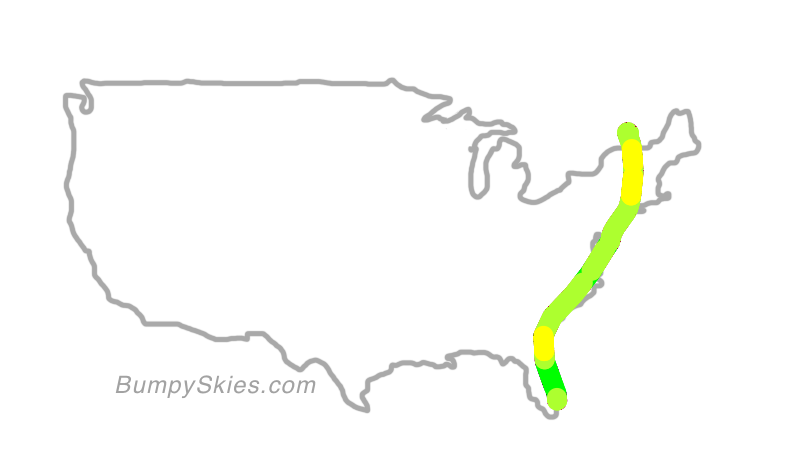Map of continental US with illustrated flight path and turbulence forecast (described in text below)