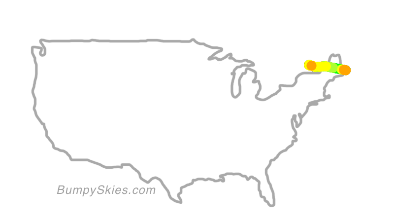 Map of continental US with illustrated flight path and turbulence forecast (described in text below)