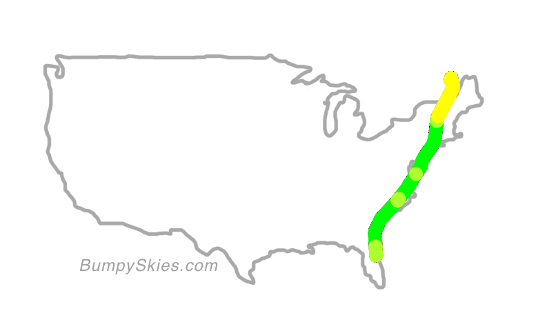 Map of continental US with illustrated flight path and turbulence forecast (described in text below)