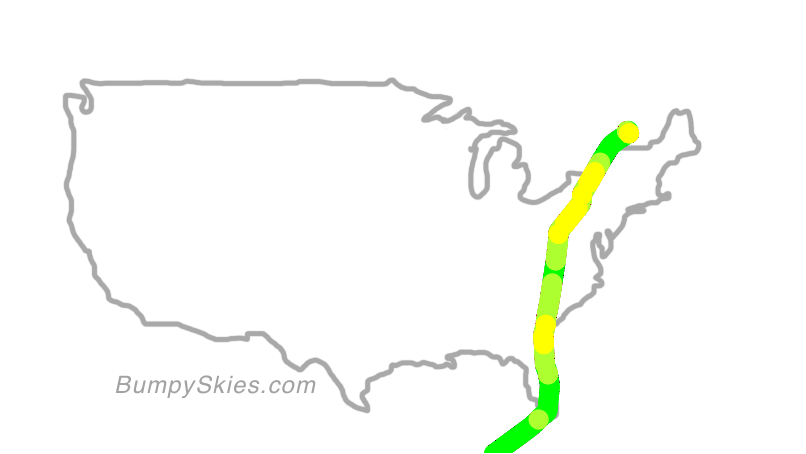Map of continental US with illustrated flight path and turbulence forecast (described in text below)