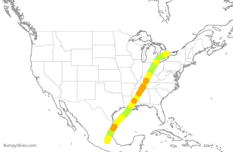 Turbulence forecast map for ACA2492, MMX to YYZ