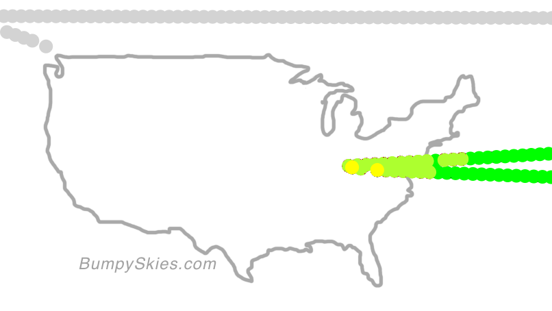 Map of continental US with illustrated flight path and turbulence forecast (described in text below)