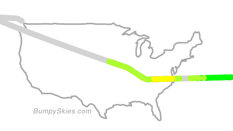 Map of continental US with illustrated flight path and turbulence forecast (described in text below)