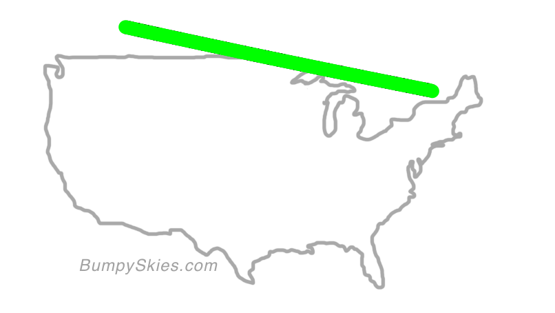 Map of continental US with illustrated flight path and turbulence forecast (described in text below)