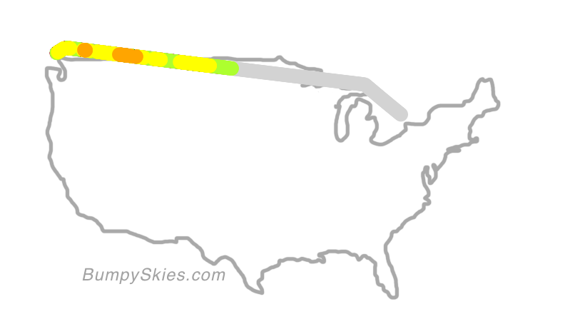 Map of continental US with illustrated flight path and turbulence forecast (described in text below)