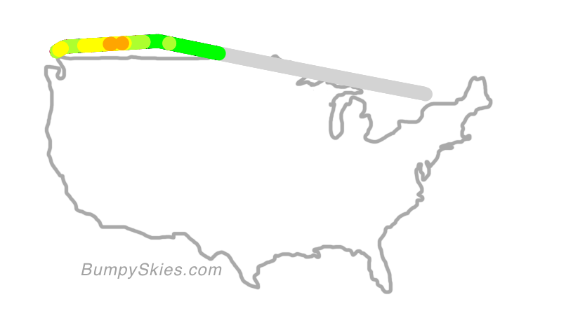 Map of continental US with illustrated flight path and turbulence forecast (described in text below)