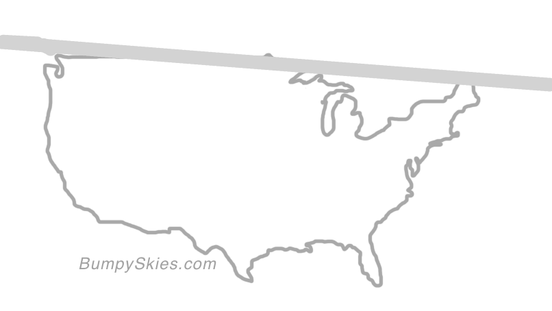 Map of continental US with illustrated flight path and turbulence forecast (described in text below)