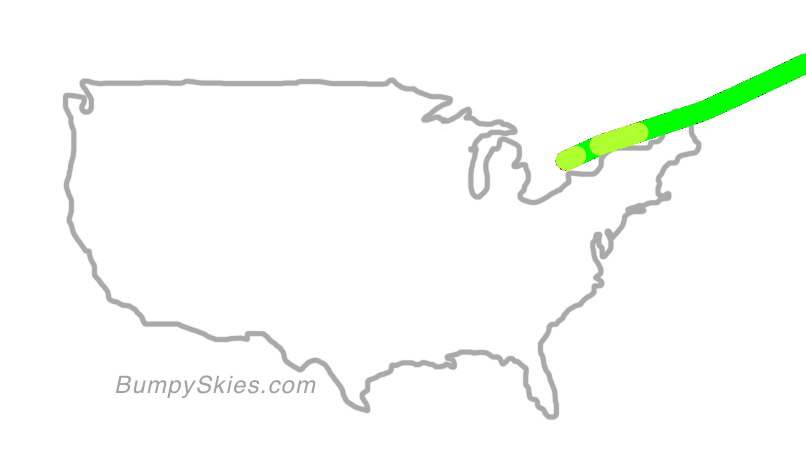 Map of continental US with illustrated flight path and turbulence forecast (described in text below)
