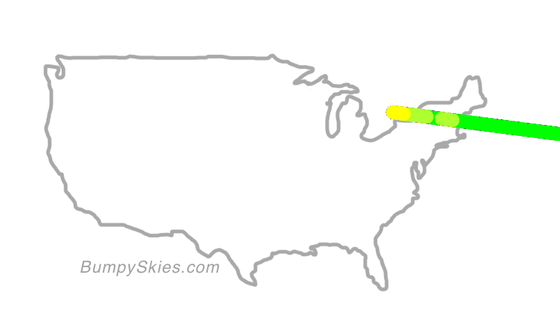 Map of continental US with illustrated flight path and turbulence forecast (described in text below)